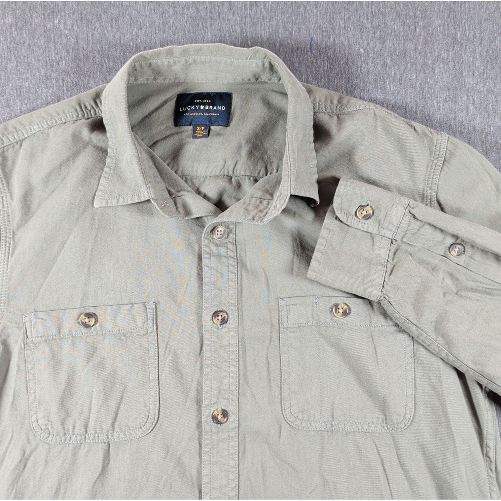 LUCKY Brand Washed Utility Military Style Work Shirt Olive Green Pockets Mens Sm